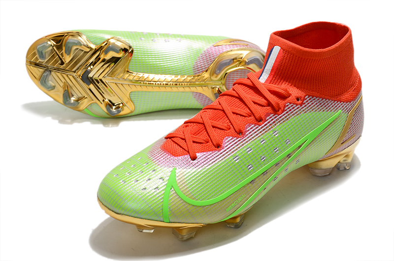 New Nike Superfly 8 Elite FG green and red high-top waterproof football boots vamp