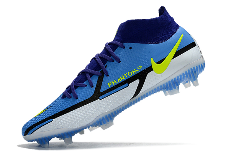 Nike Phantom GT2 Dynamic Fit Elite FG high-top blue and white football shoes Left