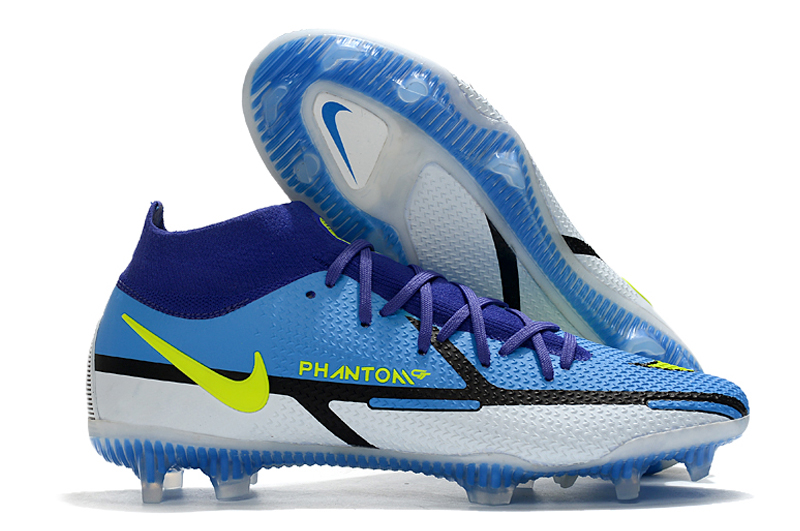Nike Phantom GT2 Dynamic Fit Elite FG high-top blue and white football shoes side