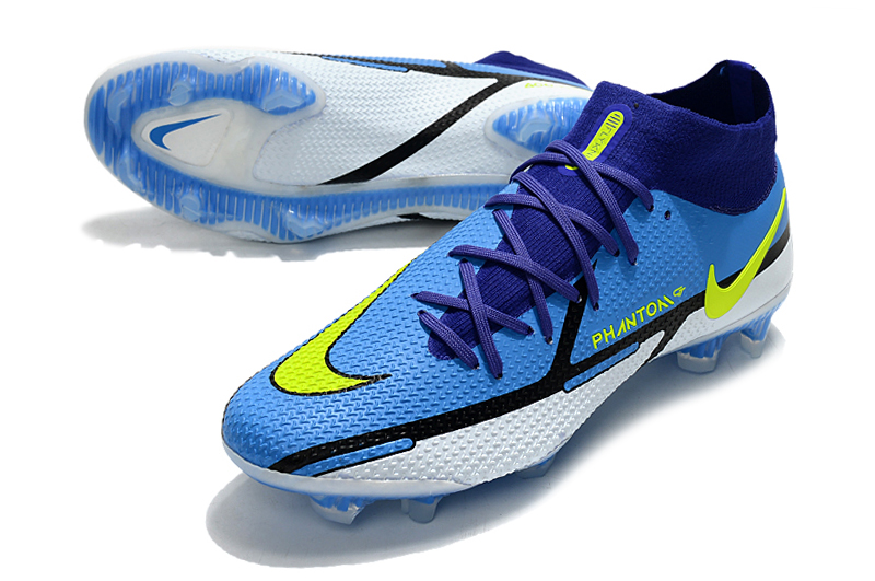 Nike Phantom GT2 Dynamic Fit Elite FG high-top blue and white football shoes vamp