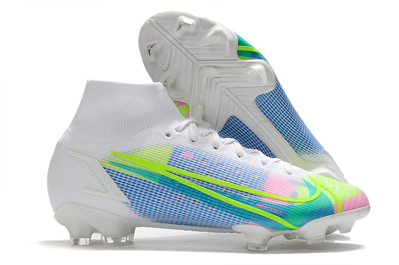 Nike Superfly 8 Elite FG high top white blue green football shoes whirlwind