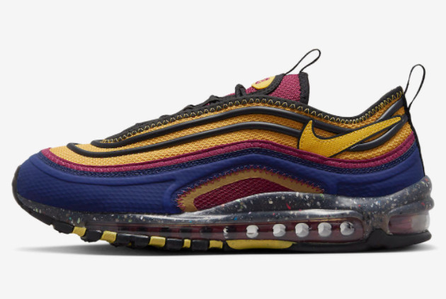 The classic runner features a large Swoosh below its lateral collar in its Terrascape form. With this particular presentation of the updated silhouette, a mustard yellow is joined by maroon and navy hits throughout the mixed material upper. Black also appears at various spots at the upper, as well as with the Nike Grind sole that reveals maroon Air units to complete the look.